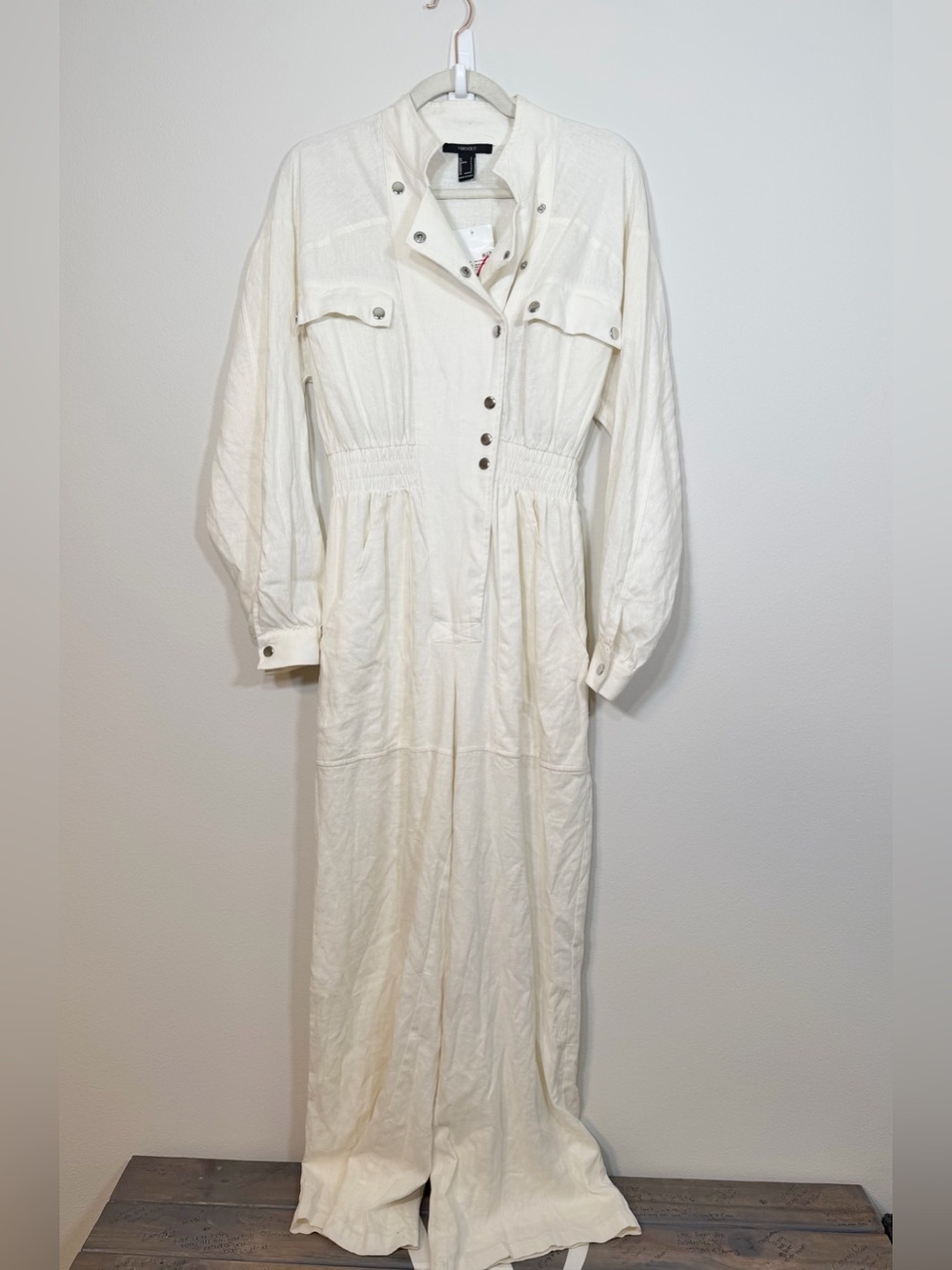 NWT Forever 21 Jumpsuit Utility Style Cream White Long Sleeve Linen NEW Women S